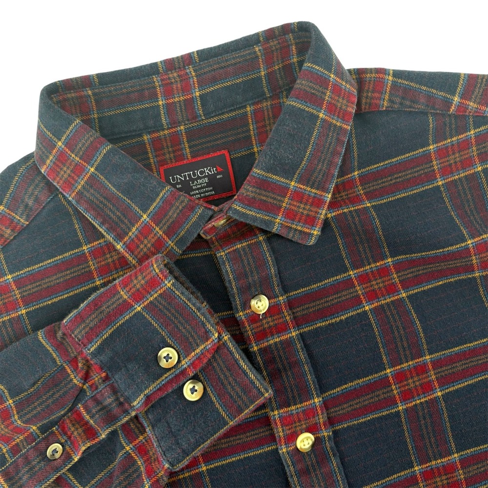 UNTUCKit Rosato Plaid Long Sleeve Button Down Shirt Men's Lrg Slim Fit‎ Navy Red